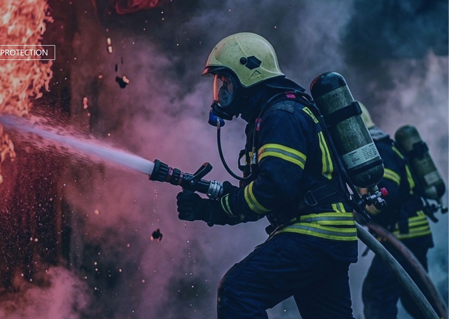 Firefighter protected by a breathing apparatus